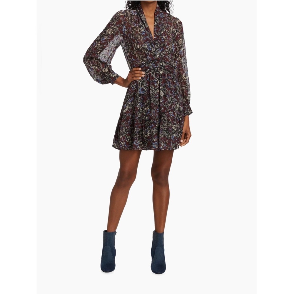 ba&sh Giani Sheer‎ Black Burgundy Floral Long Sleeve Mini Dress XS Bohemian